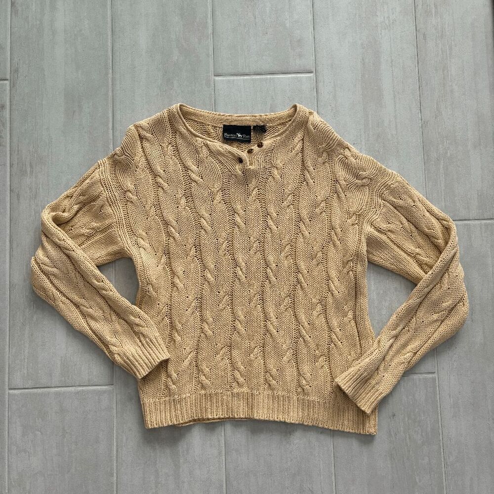 Vintage Hunters Run Ramie Sweater Knit Beige Medium Button Collar M VTG Cottage